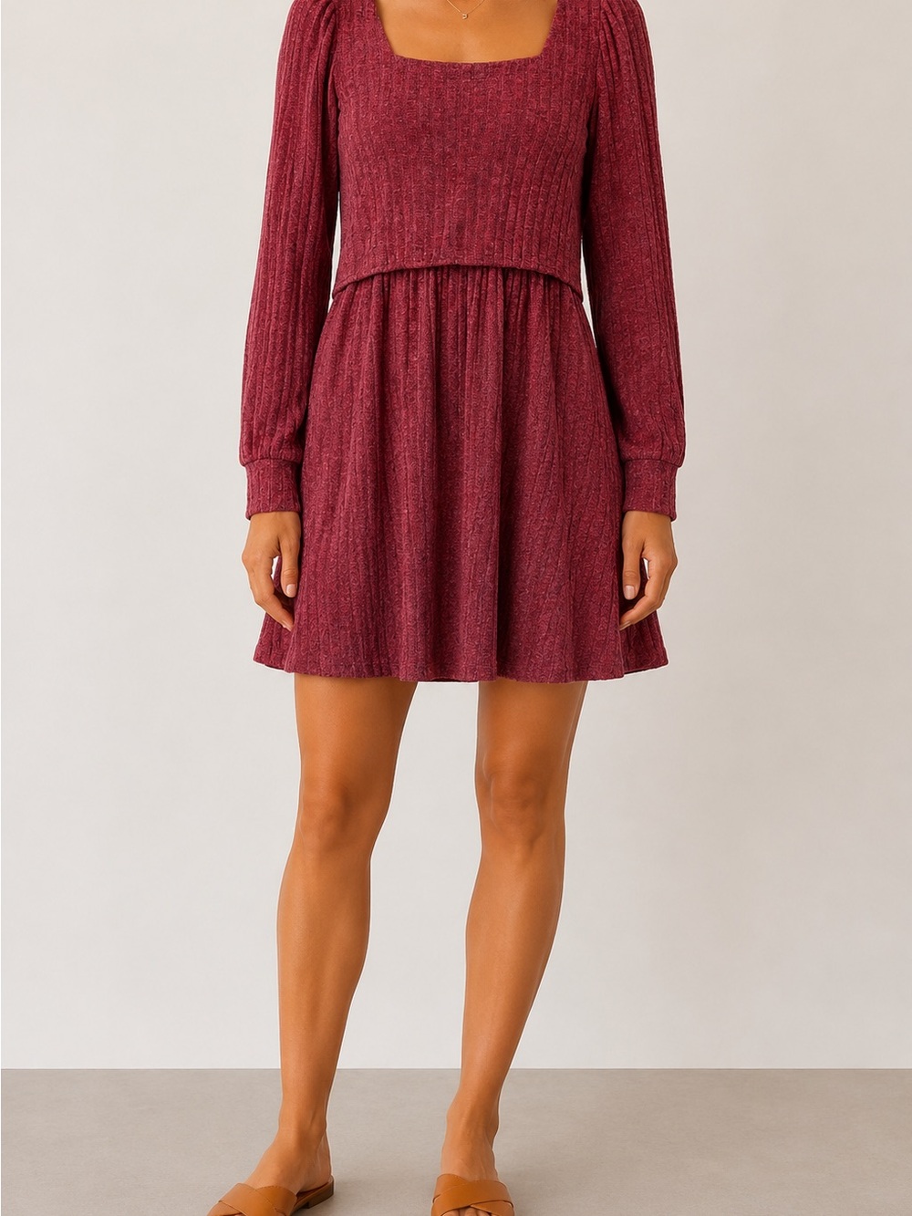 Nursing Friendly Long Sleeve Square Neck Mini Dress in Burgundy